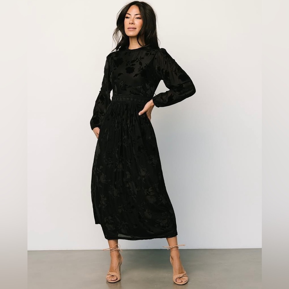 Baltic Born Christine Black Velvet Burnout Floral Midi Dress - Picture 2 of 13